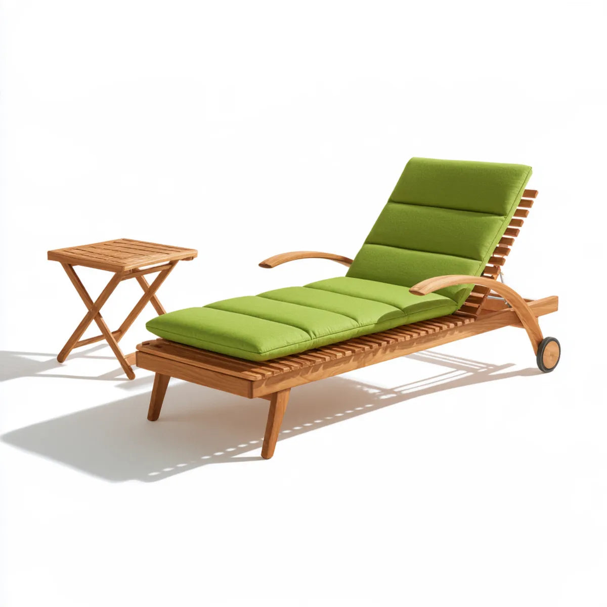 2-Piece Adjustable Solid Acacia Wood Outdoor Sun Lounger Set with Folding Side Table, Green Polyester Cushions, 200 x 65 x 30 cm