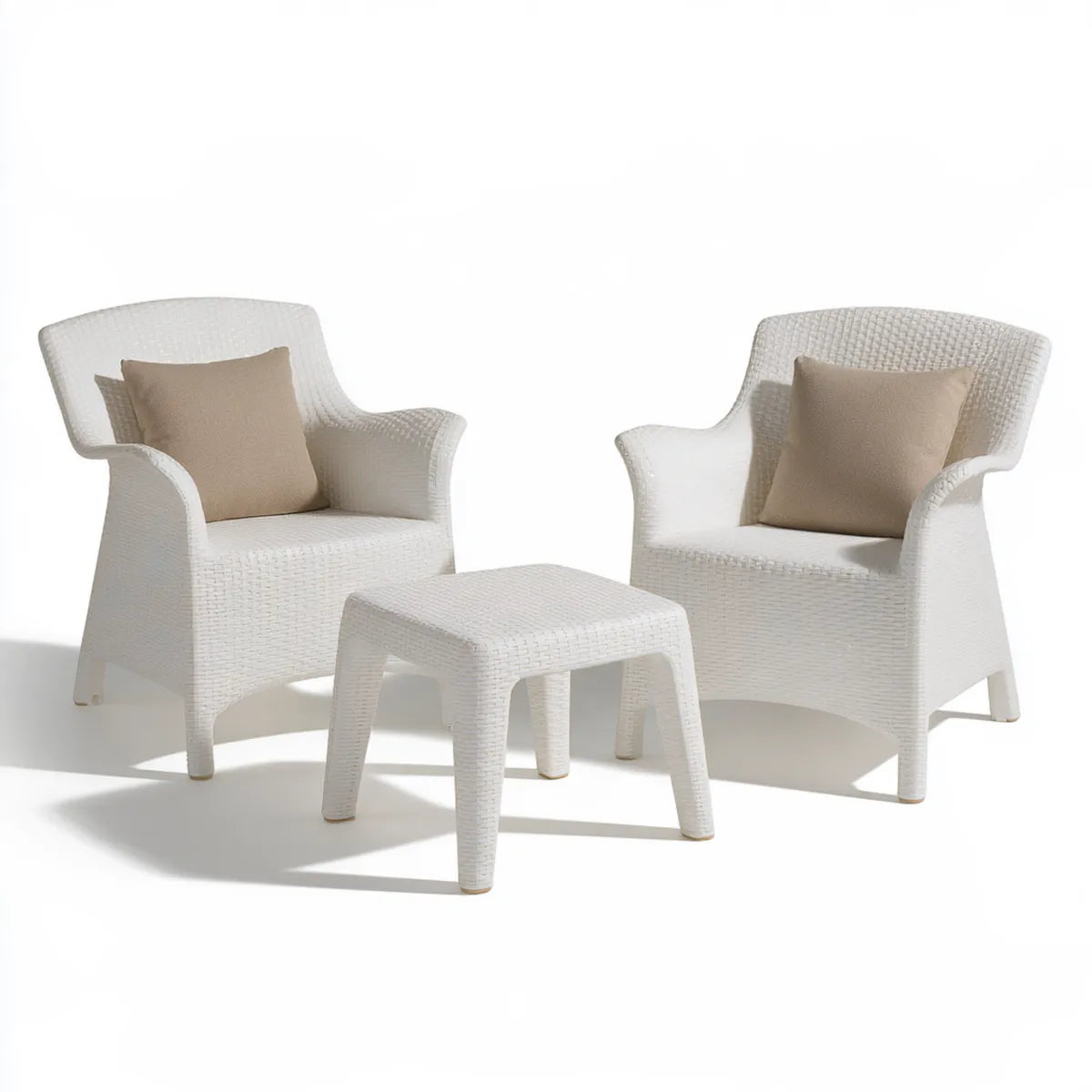 3-Piece Outdoor Patio Conversation Set with 2 White Polypropylene Wicker Armchairs, Beige Pillows and 23.6 in Square Side Table
