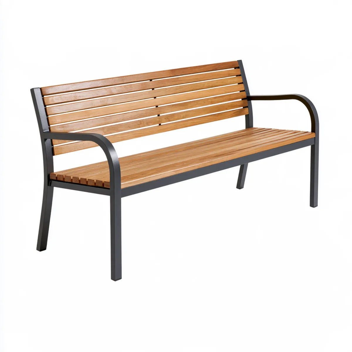 Outdoor 2-Seat Garden Bench, 125 x 60 x 80 cm, Brown Wood and Black Powder-Coated Steel
