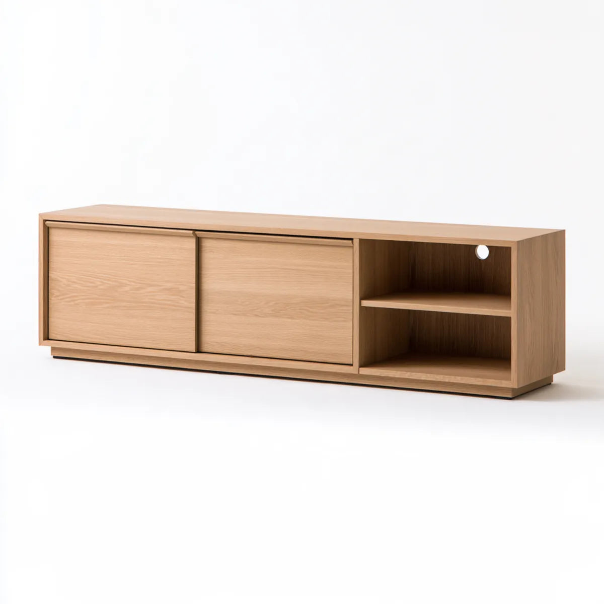 Light Oak Wood TV Stand with Sliding Doors and Open Shelves, 70.87 x 15.75 x 23.62 in Media Console