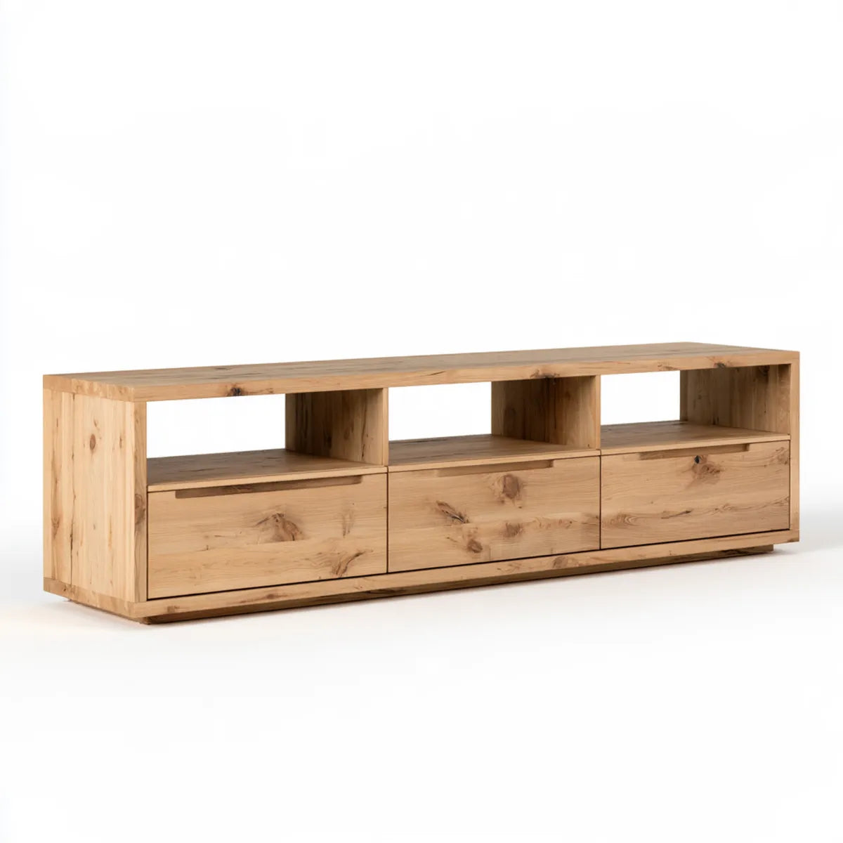71 x 16 x 20 in Natural Solid Pine Wood TV Stand Entertainment Center with 3 Drawers and 3 Open Shelves