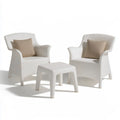 3-Piece Outdoor Patio Conversation Set with 2 White Polypropylene Wicker Armchairs, Beige Pillows and 23.6 in Square Side Table