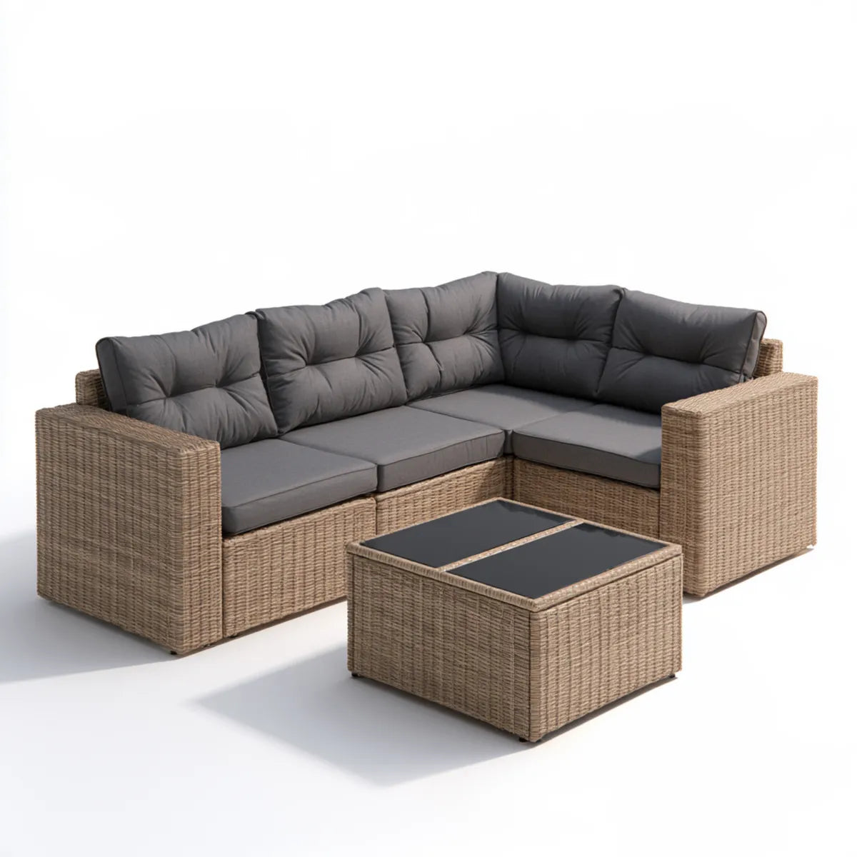 4-Piece Outdoor PE Rattan L-Shaped Sectional Sofa Set with Glass-Top Coffee Table, Natural Brown/Charcoal Gray/Black, 82.7 x 55.1 x 25.6 in