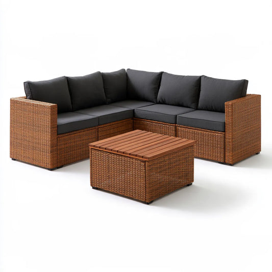 Outdoor Brown PE Rattan Corner Sectional Sofa Set with Acacia Wood Coffee Table, 83.1 x 83.1 x 25.6 in, Brown/Black