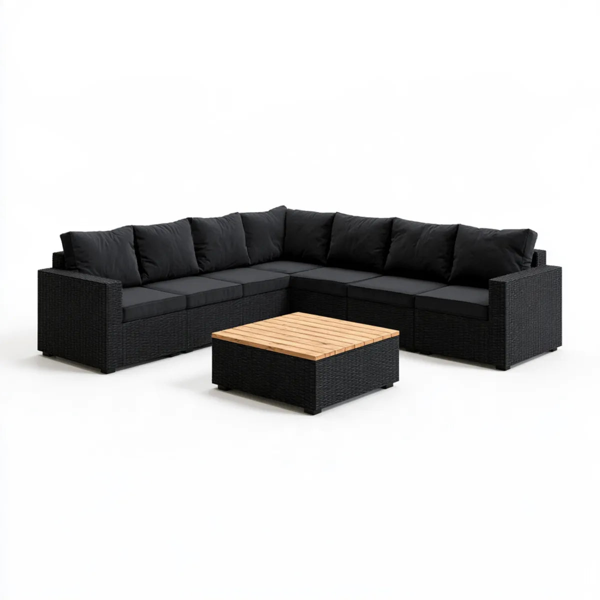 7-Piece Outdoor L-Shaped Sectional Sofa Set with Acacia Wood Coffee Table, Black/Light Brown, 94.5 x 94.5 x 25.6 in