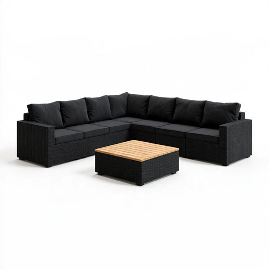 7-Piece Outdoor L-Shaped Sectional Sofa Set with Acacia Wood Coffee Table, Black/Light Brown, 94.5 x 94.5 x 25.6 in