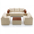 4-Piece Outdoor Patio Conversation Set with 3-Seat Sofa, 2 Armchairs and Coffee Table, Beige PE Rattan and Acacia Wood, Sofa 79 x 31.5 x 25.6 in, Chairs 31.5 x 31.5 x 25.6 in, Table 39.4 x 23.6 x 15.7 in