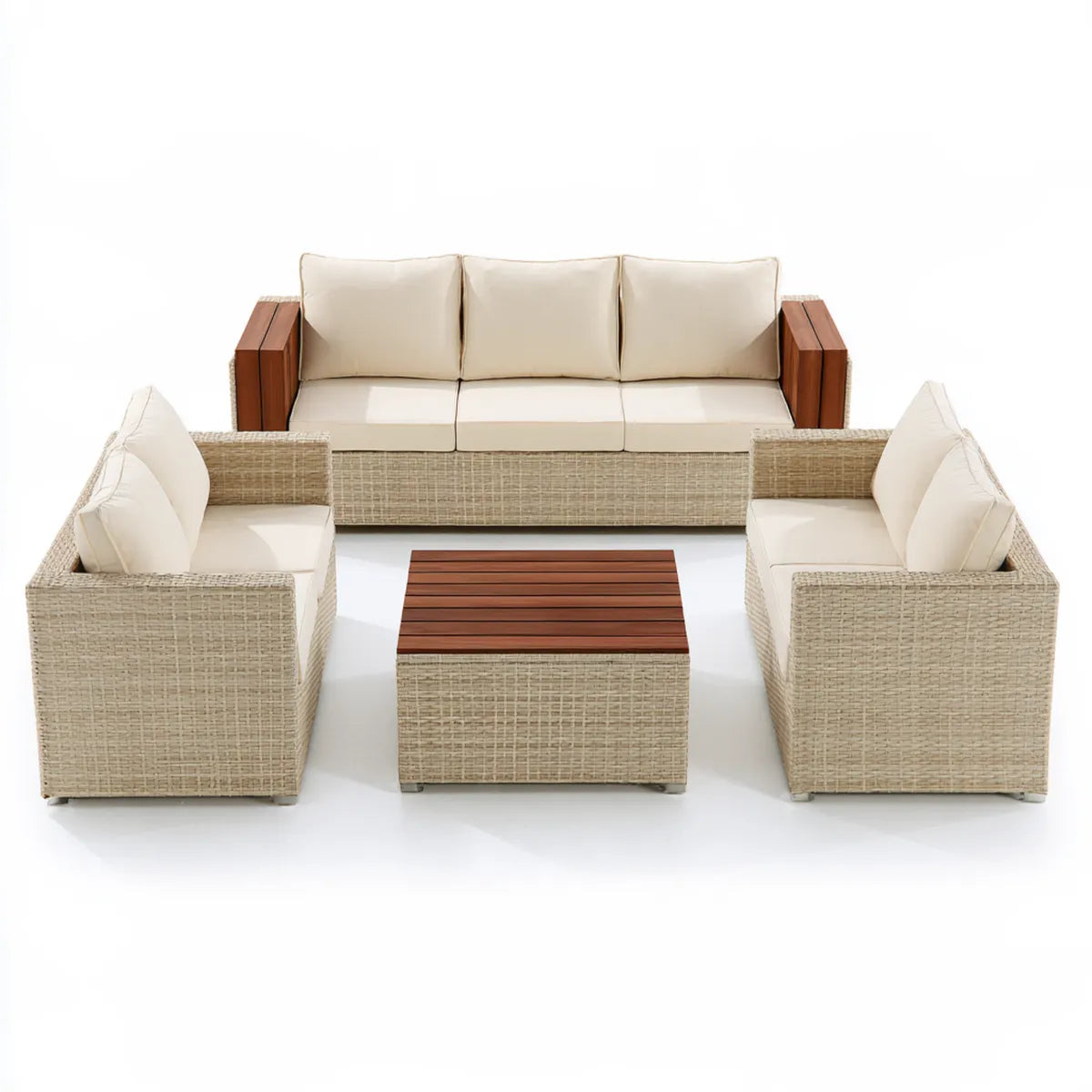 4-Piece Outdoor Patio Conversation Set with 3-Seat Sofa, 2 Armchairs and Coffee Table, Beige PE Rattan and Acacia Wood, Sofa 79 x 31.5 x 25.6 in, Chairs 31.5 x 31.5 x 25.6 in, Table 39.4 x 23.6 x 15.7 in