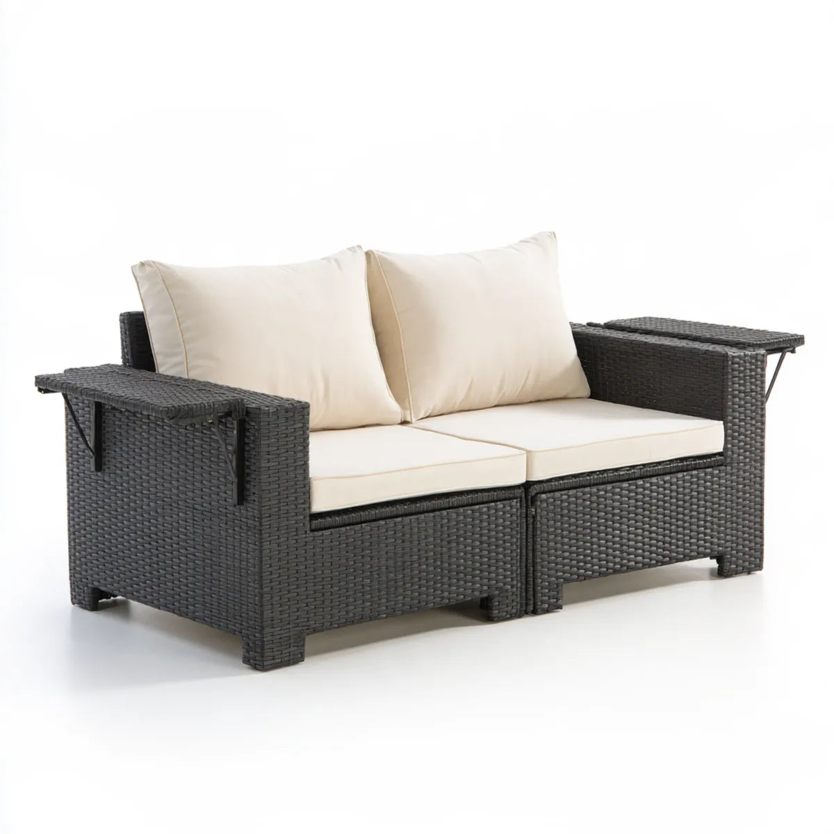 2-Piece Outdoor Patio Loveseat Set, 64 x 32 x 32 in, Dark Gray PE Rattan with Cream Polyester Cushions