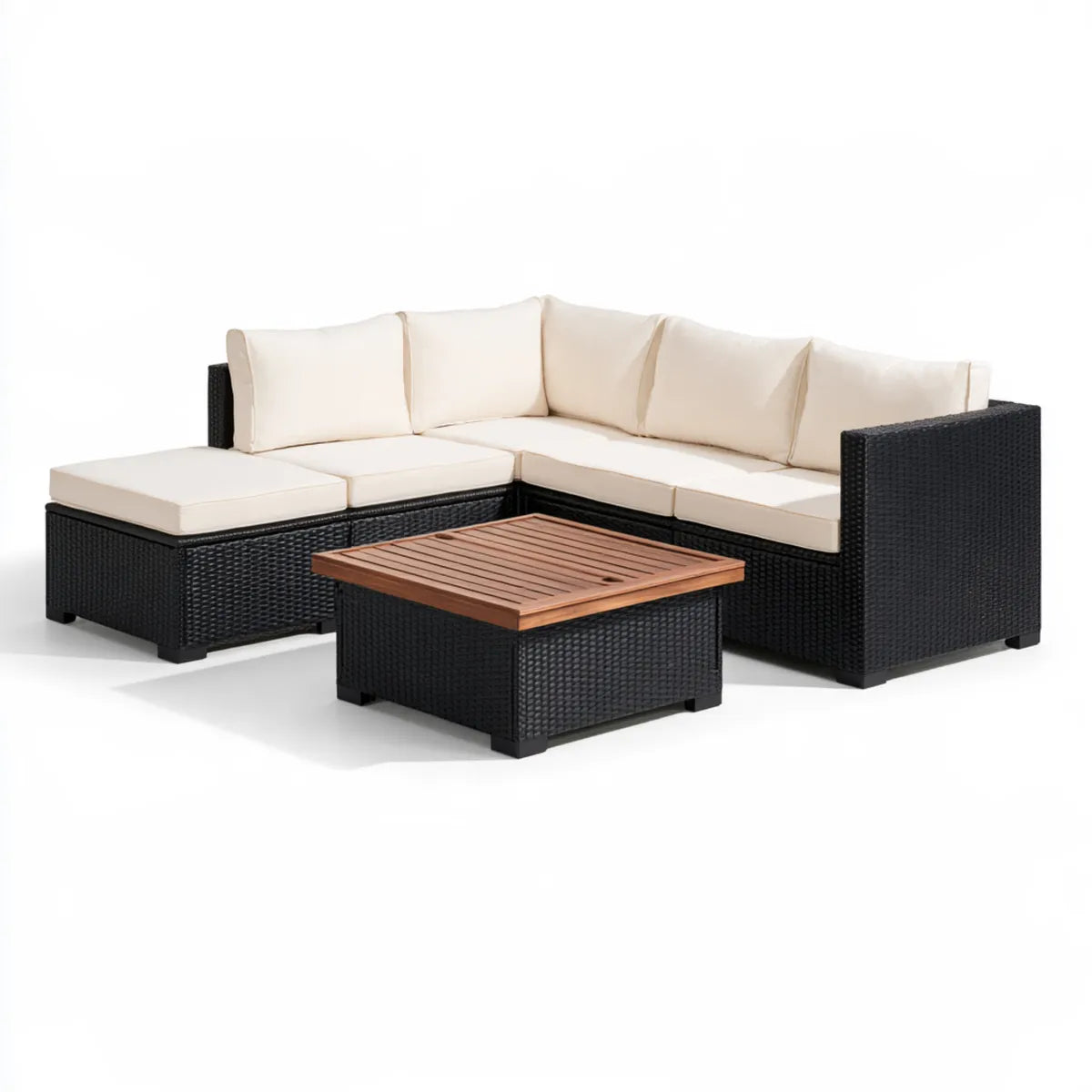 3-Piece Outdoor L-Shaped Sectional Sofa Set with Coffee Table, Black PE Rattan, Cream Polyester Cushions, 78 x 78 x 25 in