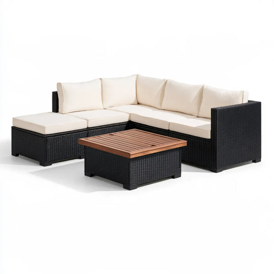3-Piece Outdoor L-Shaped Sectional Sofa Set with Coffee Table, Black PE Rattan, Cream Polyester Cushions, 78 x 78 x 25 in