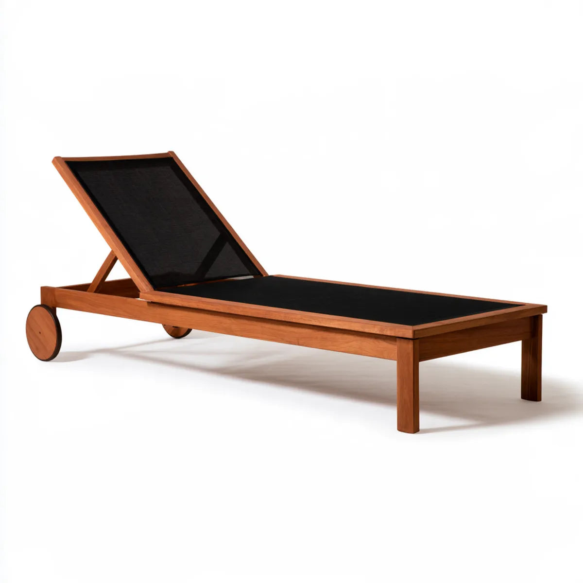 Adjustable Outdoor Wood Sun Lounger, 200 x 65 x 30 cm, Brown and Black Textilene Wheeled Chaise Lounge