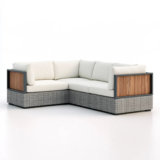 Outdoor 3-Seat Corner Sectional Sofa, 220 x 220 x 78 cm, Gray PE Rattan, Acacia Wood and Off-White Cushions