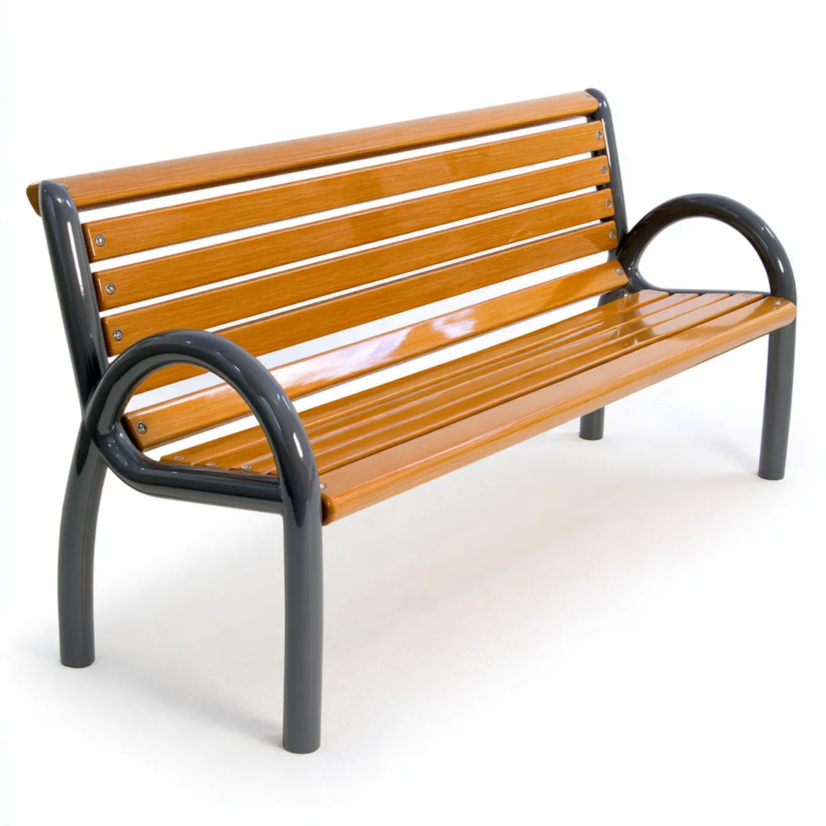 Outdoor 2-Seat 48 x 24 x 32 in Brown Wooden and Black Steel Garden Bench with Curved Armrests
