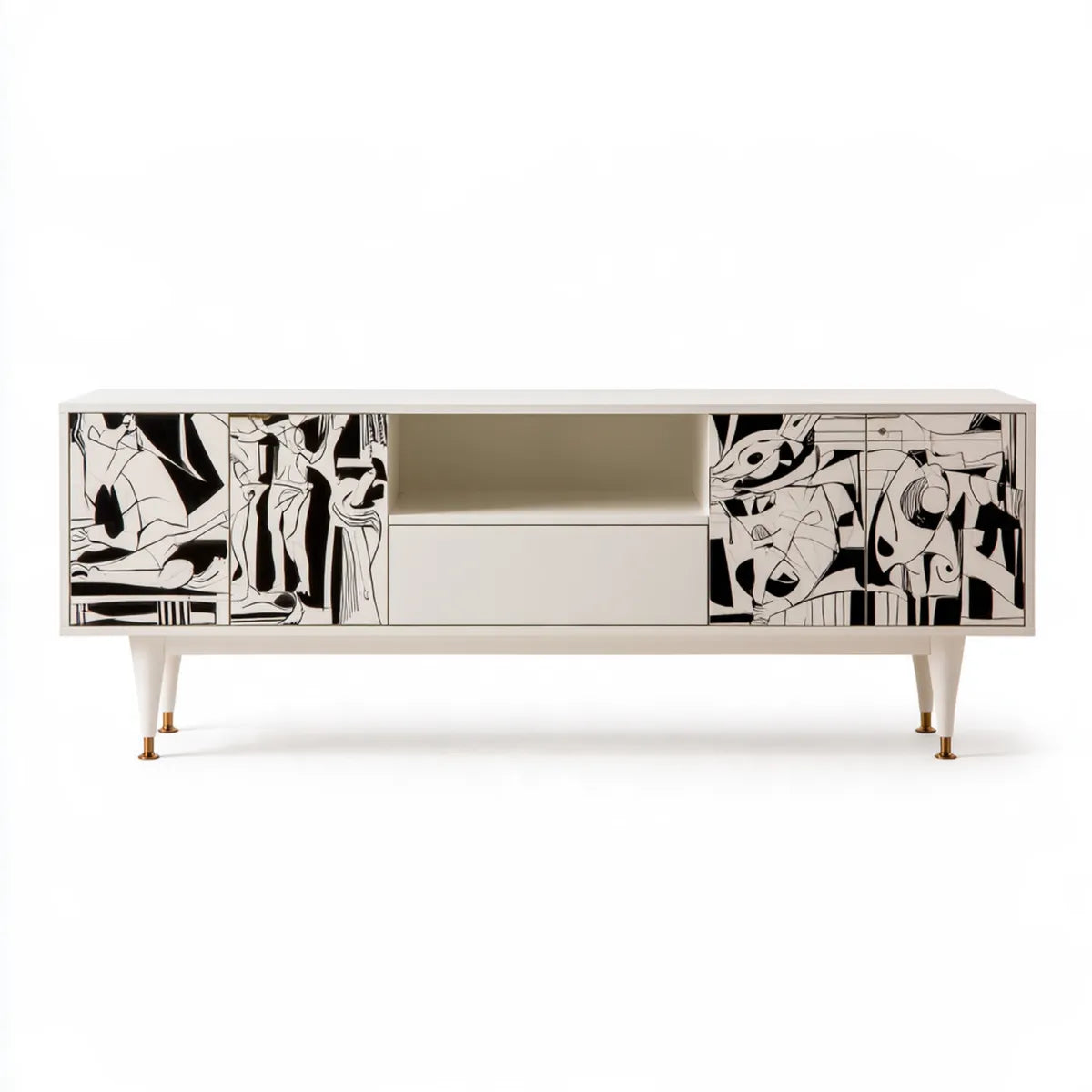 White and Black MDF TV Stand Media Console with Gold Accents, 78.74 x 15.75 x 23.62 in