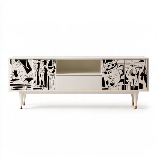 White and Black MDF TV Stand Media Console with Gold Accents, 78.74 x 15.75 x 23.62 in
