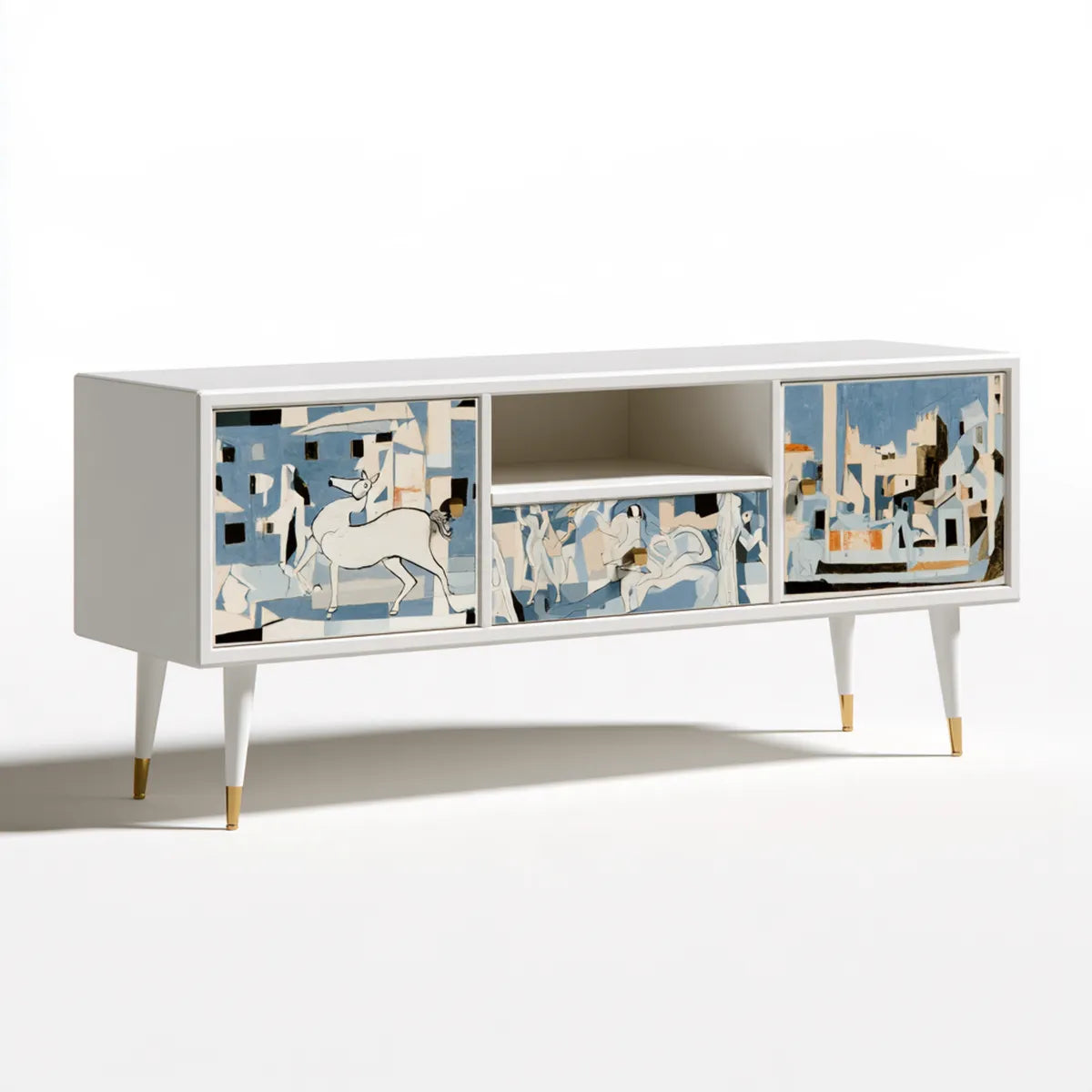 71 in. White and Blue MDF TV Stand Media Console with Abstract Printed Doors, 71 in. W x 18 in. D x 30 in. H
