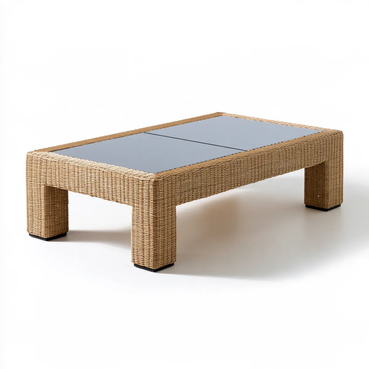 Outdoor PE Rattan Coffee Table, 100 x 60 x 45 cm, Natural Brown with Black Tempered Glass Top