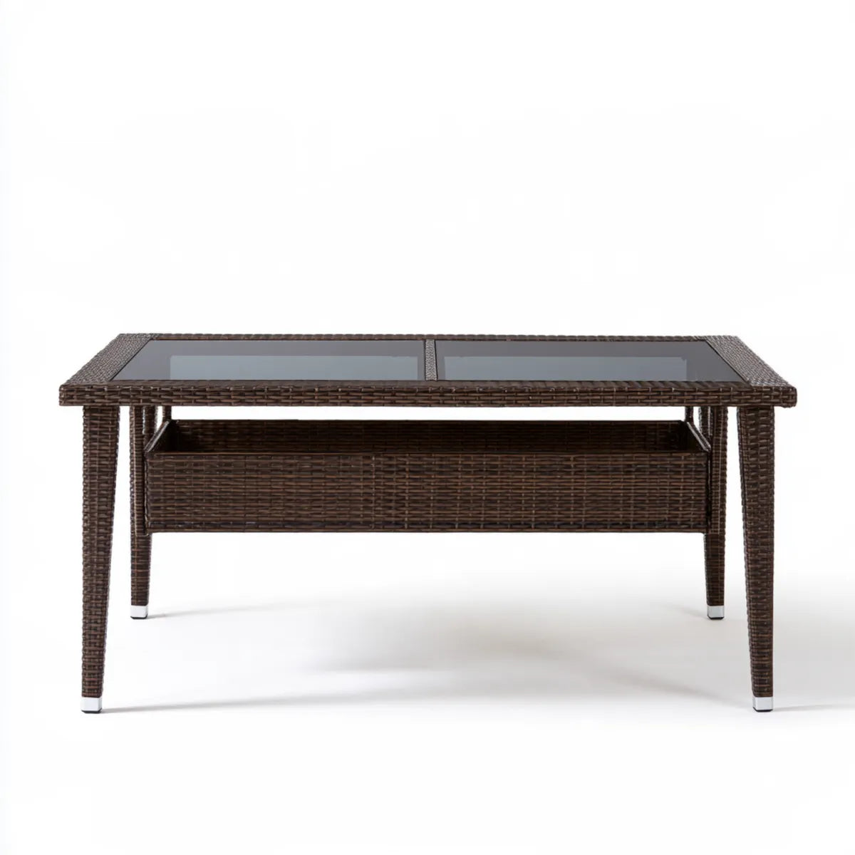 Outdoor PE Rattan Dining Table with Glass Top, 150 x 90 x 74 cm, Brown