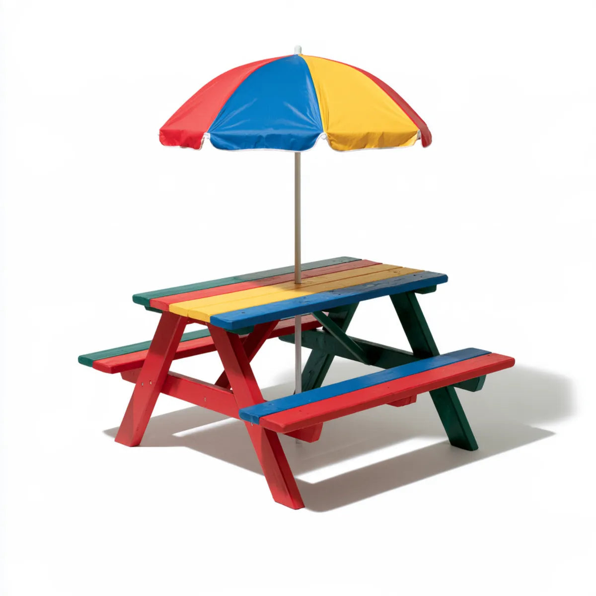 Kids Solid Wood Picnic Table Set with Umbrella, 90 x 90 x 140 cm, Red/Blue/Yellow/Green