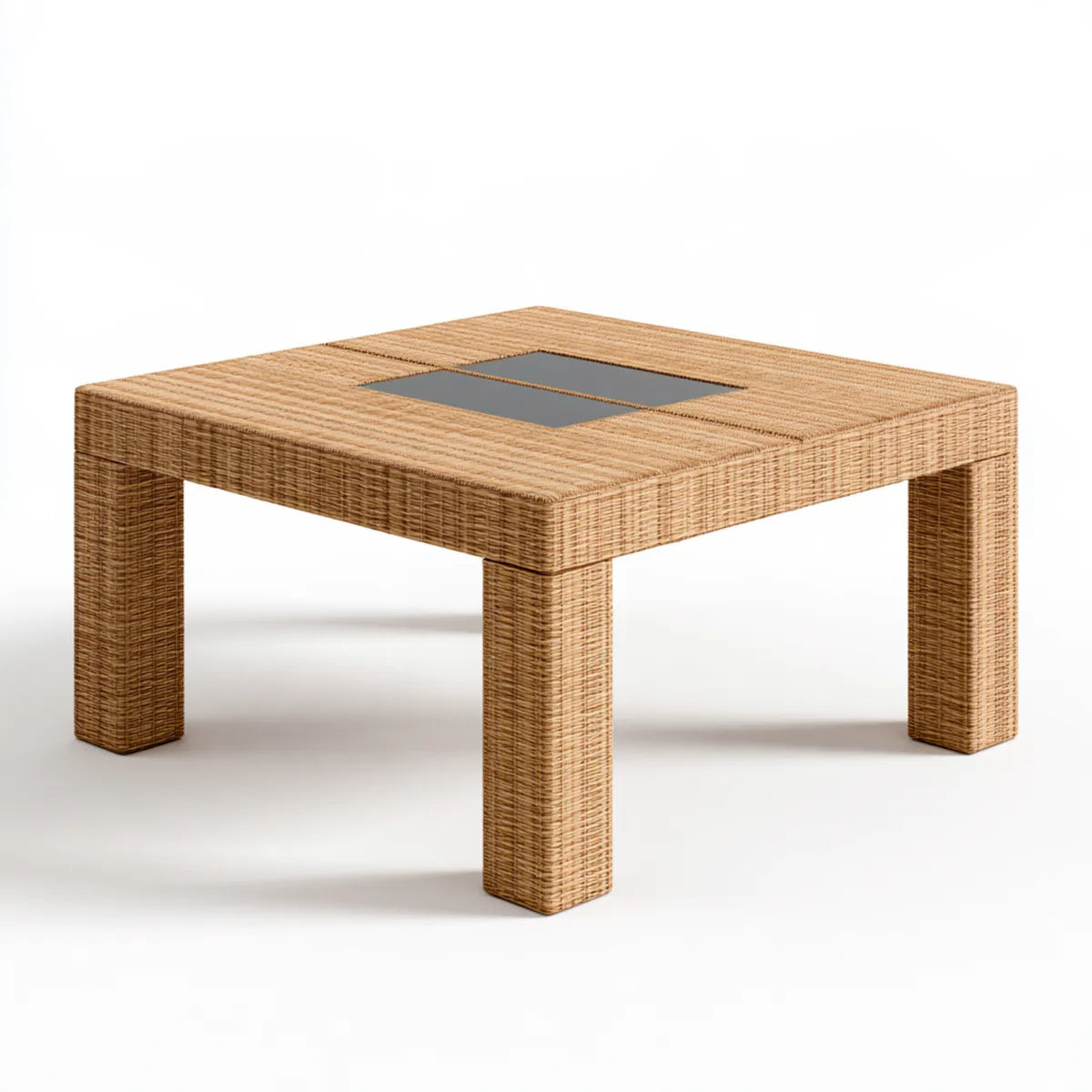 Outdoor Coffee Table, 100 x 100 x 45 cm, Natural Brown PE Rattan Table with Gray Tempered Glass Insert