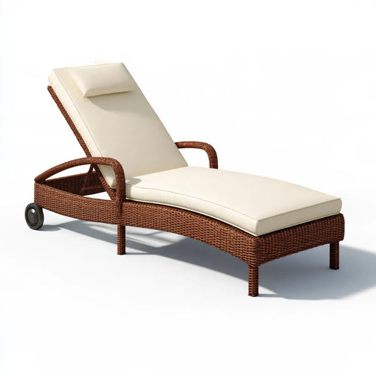 Outdoor Wicker Chaise Lounge Chair with Adjustable Backrest and Wheels, 78 x 27 in, Brown PE Rattan with Cream Polyester Cushions