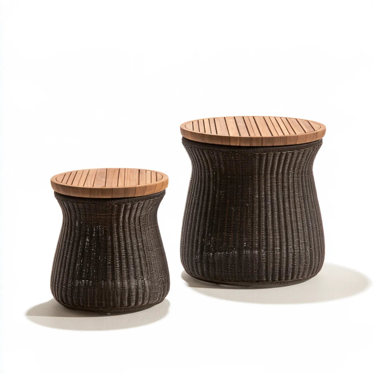2-Piece Outdoor Round Side Table Set, Brown PE Rattan and Solid Acacia Wood, 16 x 18 in and 20 x 22 in
